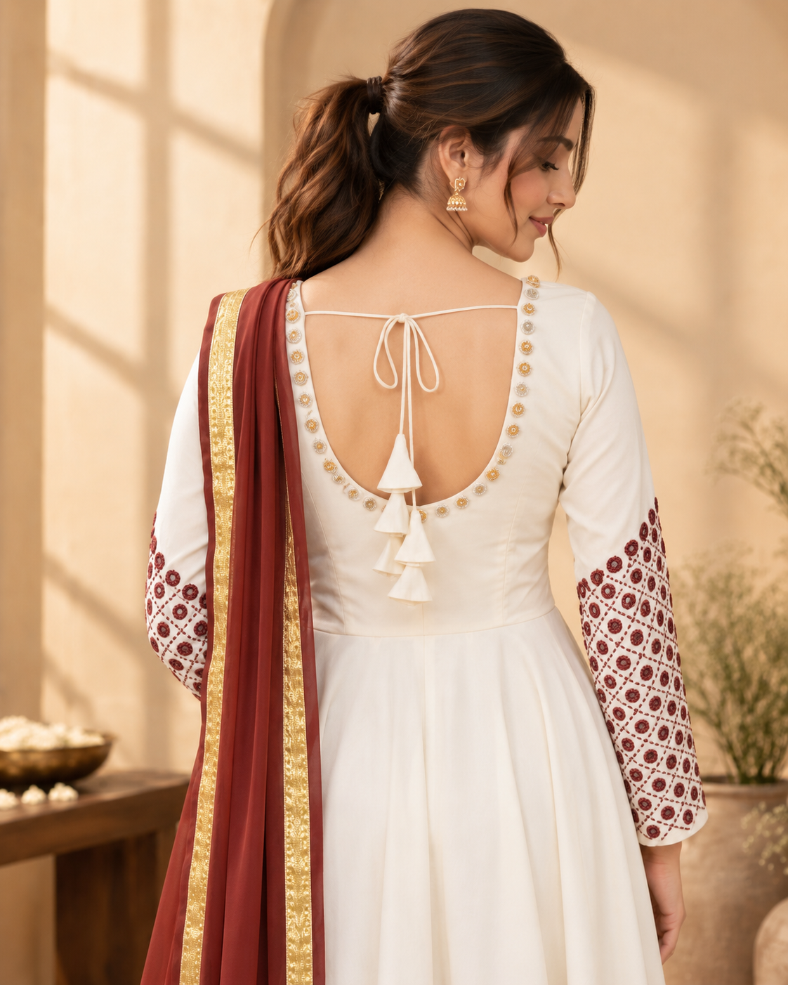 Ivory Anarkali Set with Maroon Dupatta - View 3