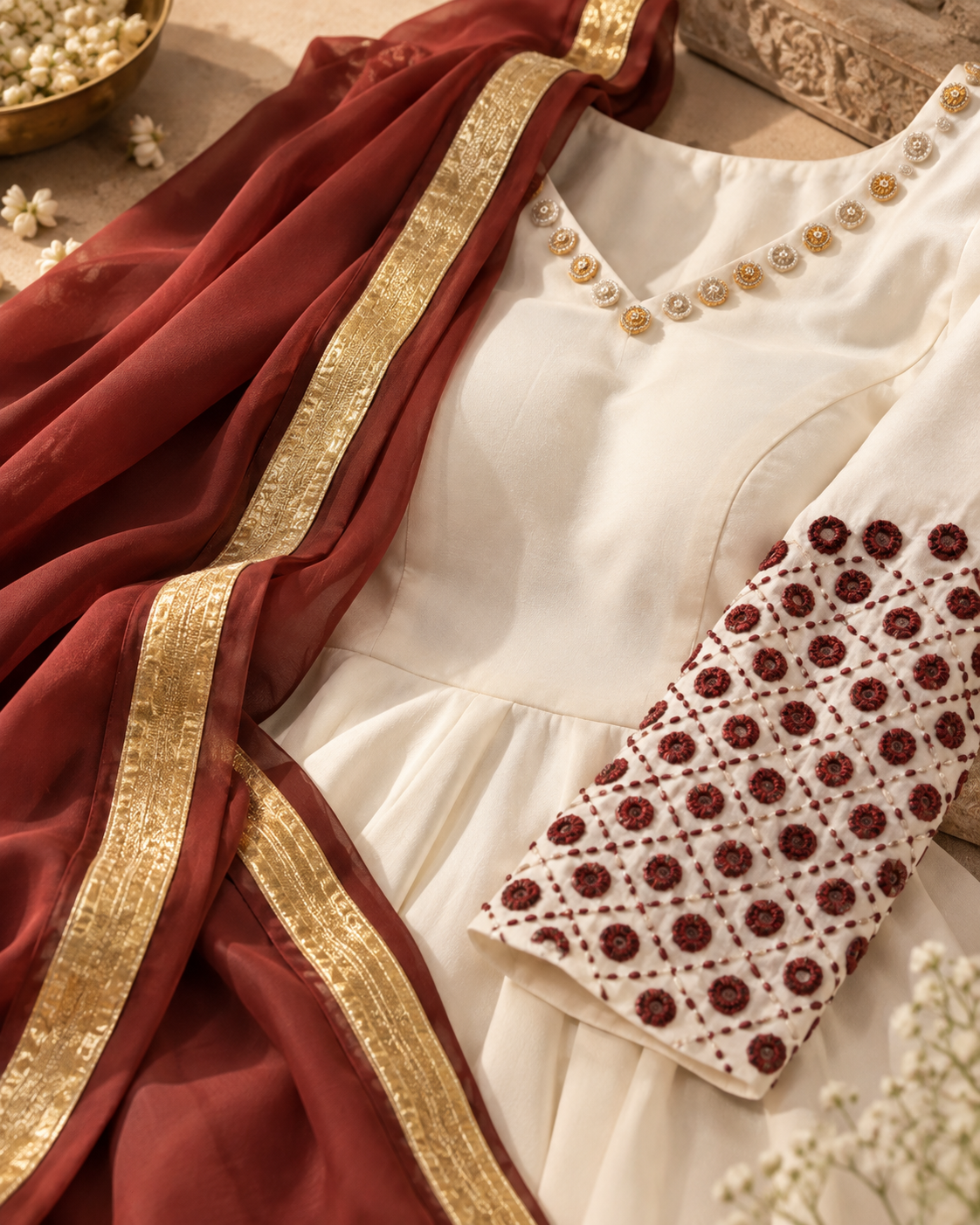 Ivory Anarkali Set with Maroon Dupatta - View 4