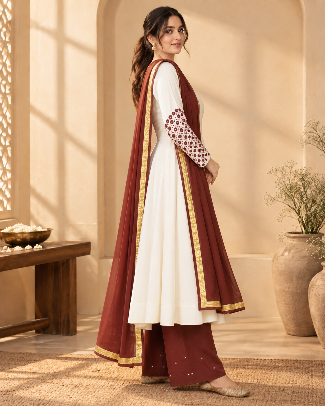 Ivory Anarkali Set with Maroon Dupatta - View 5