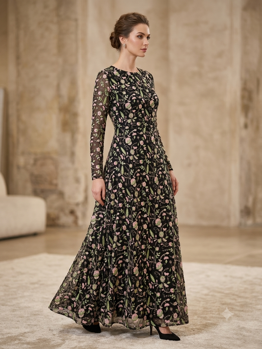 Midnight Floral Embroidered Gown - View 3