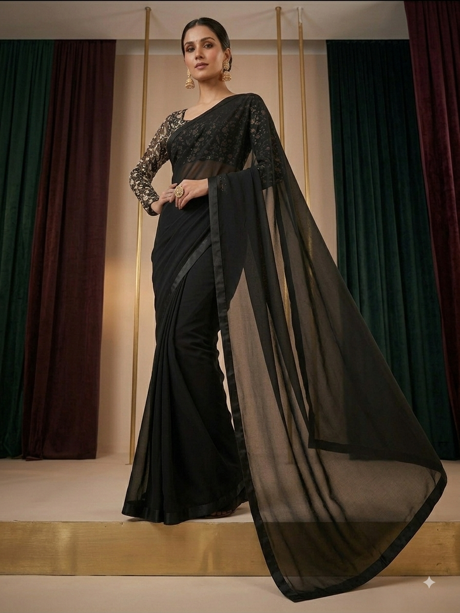 Midnight Floral Embroidered Saree - View 3