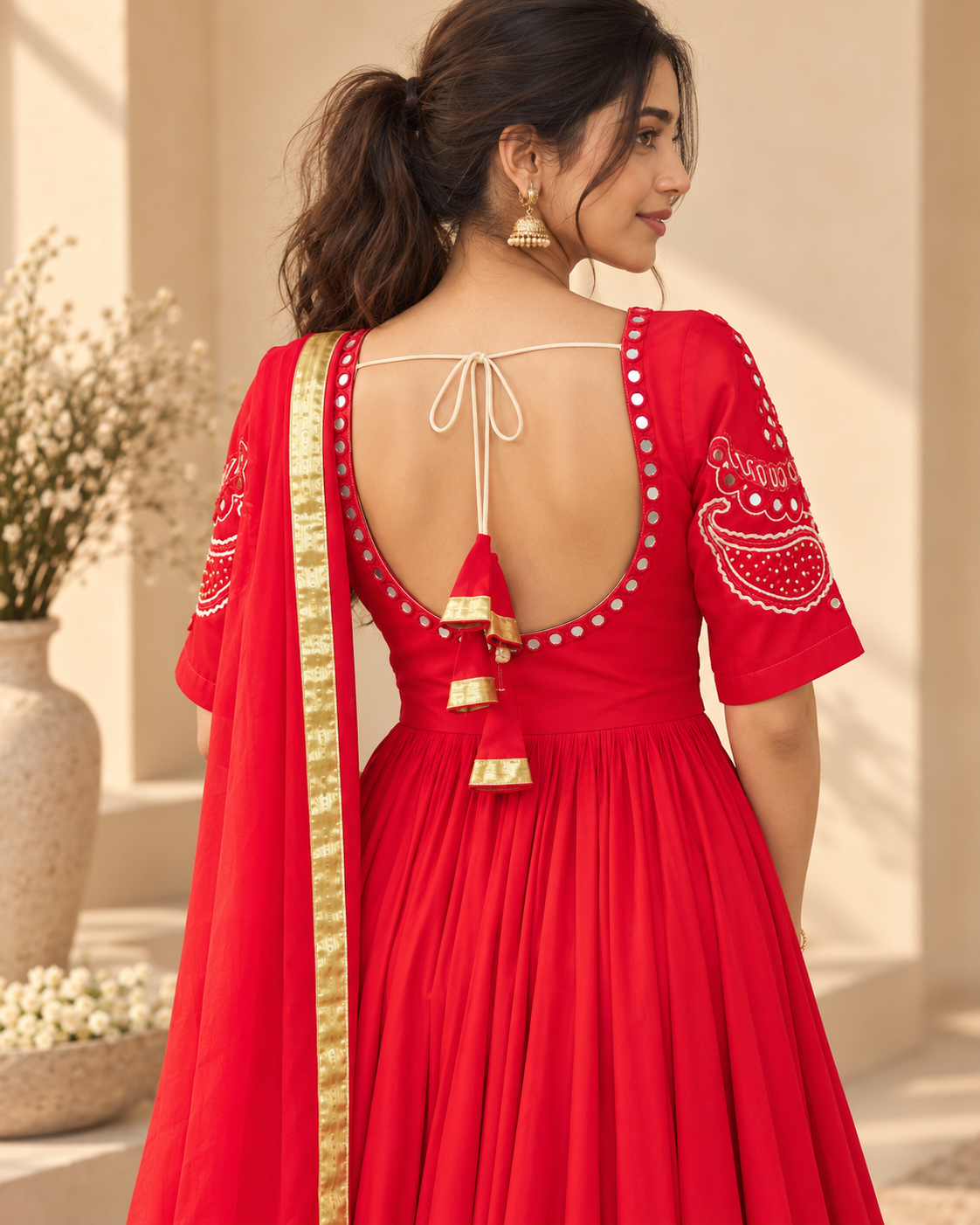 Crimson Red Mirror Work Anarkali - View 5