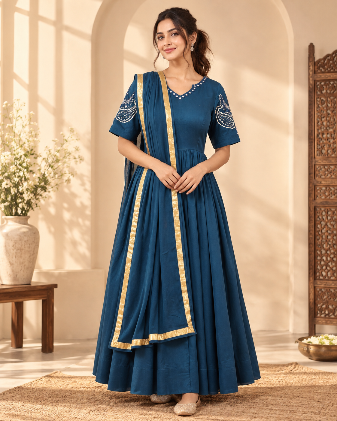 Sapphire Blue Mirror Work Anarkali - View 3