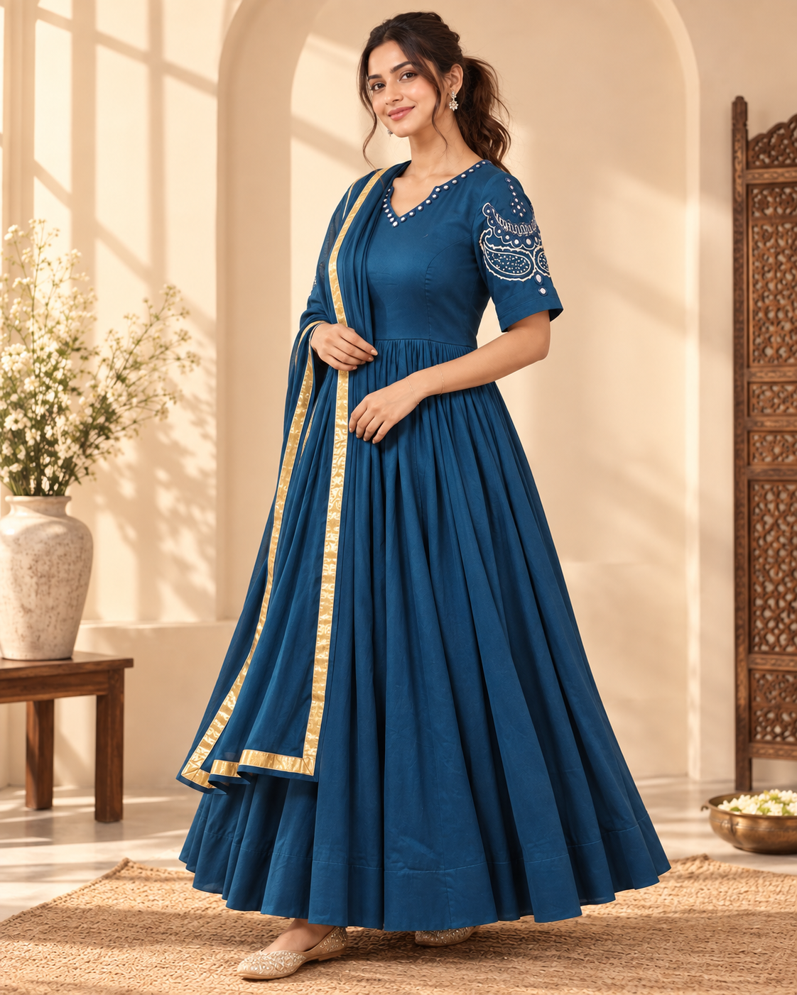 Sapphire Blue Mirror Work Anarkali - View 4