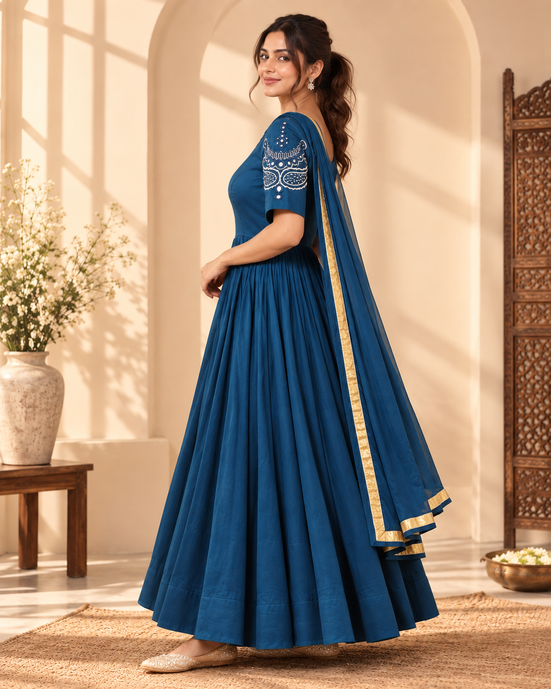 Sapphire Blue Mirror Work Anarkali - View 5