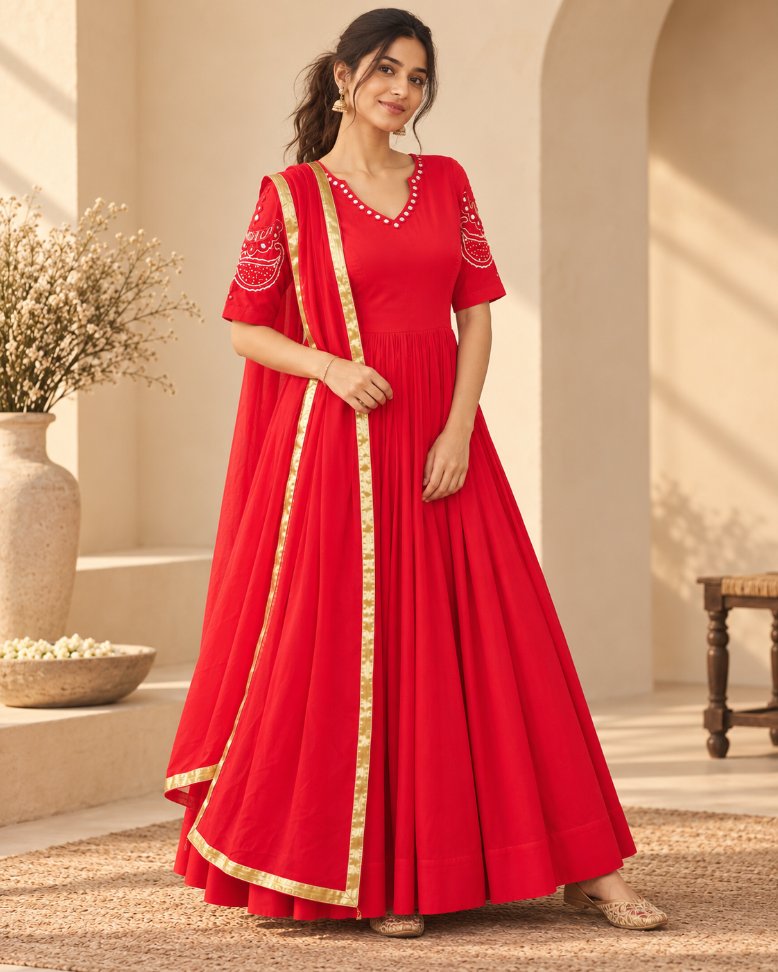 Crimson Red Mirror Work Anarkali - View 3