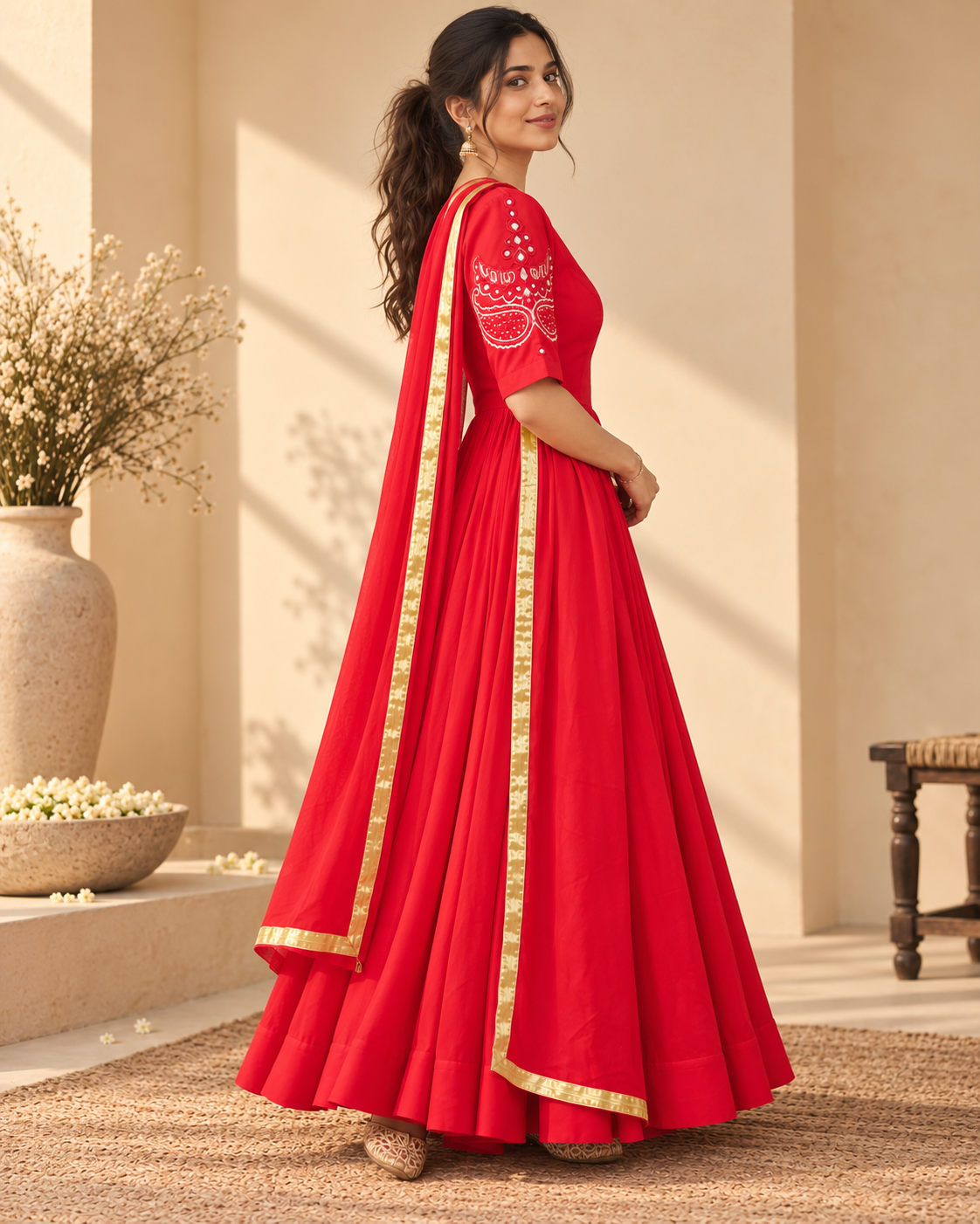 Crimson Red Mirror Work Anarkali - View 4