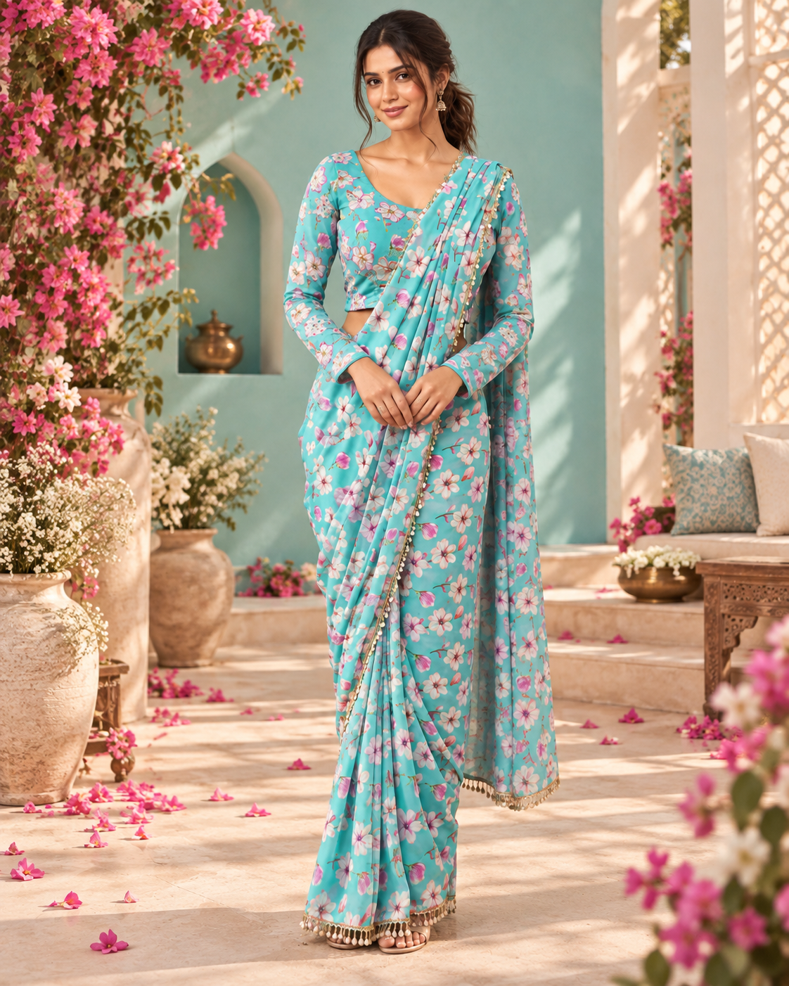 Aqua Floral Print Saree with Pearl Border - View 3