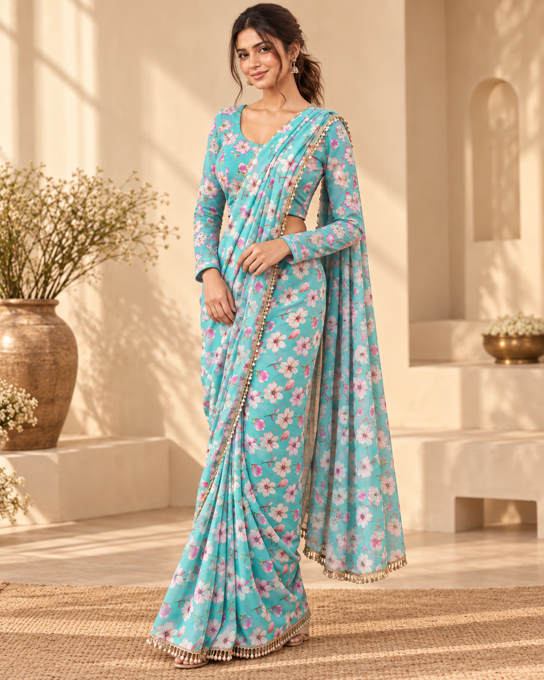 Aqua Floral Print Saree with Pearl Border - View 5