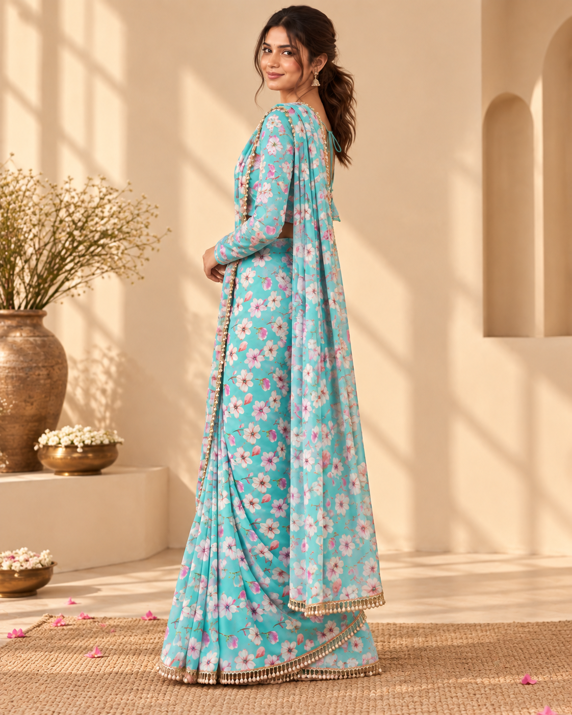 Aqua Floral Print Saree with Pearl Border - View 6