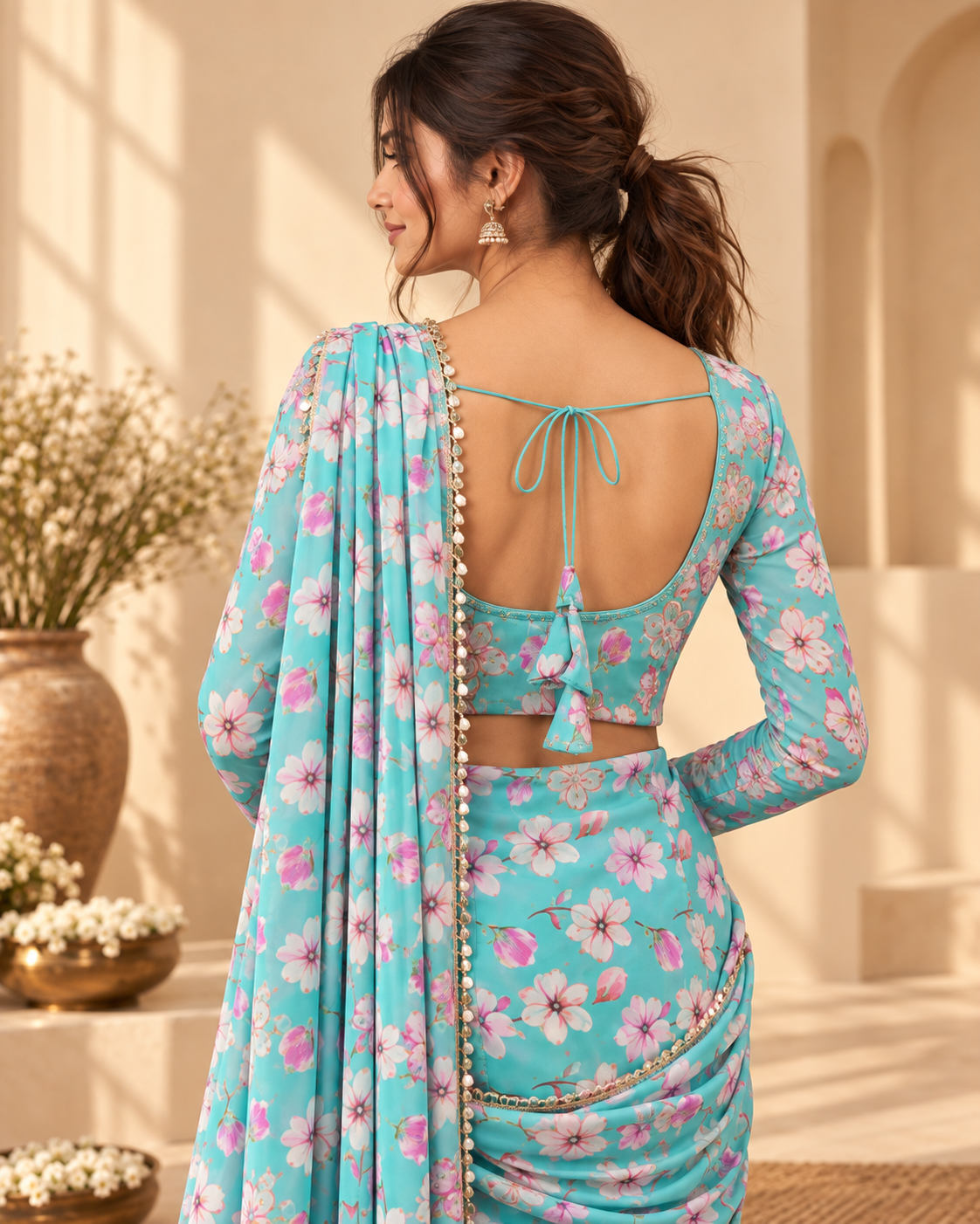 Aqua Floral Print Saree with Pearl Border - View 7