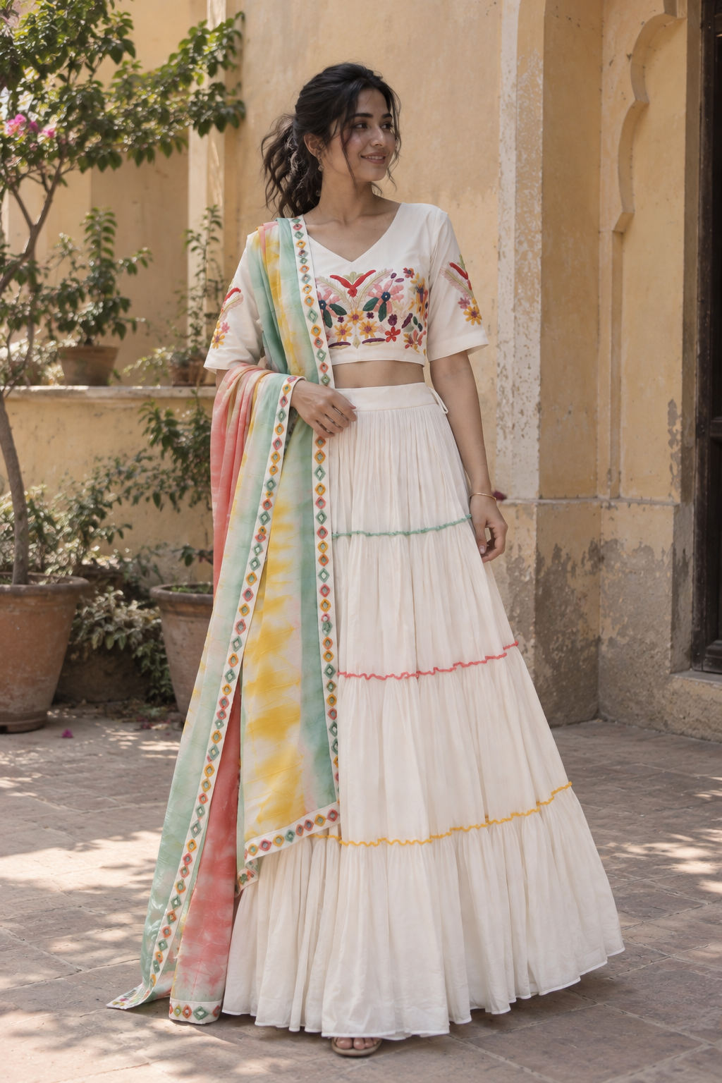 Ivory Multicolor Embroidered Lehenga - View 3