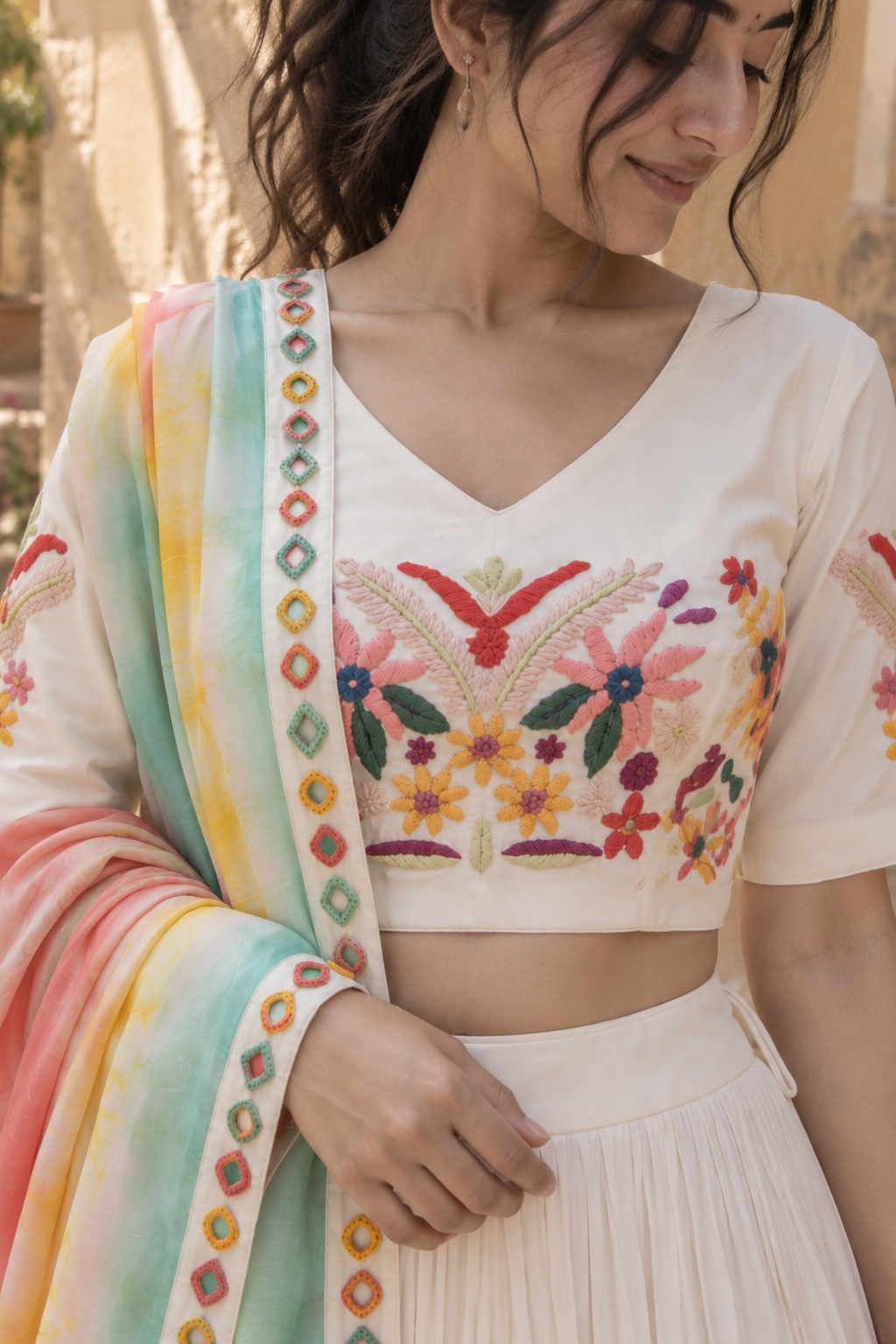 Ivory Multicolor Embroidered Lehenga - View 6