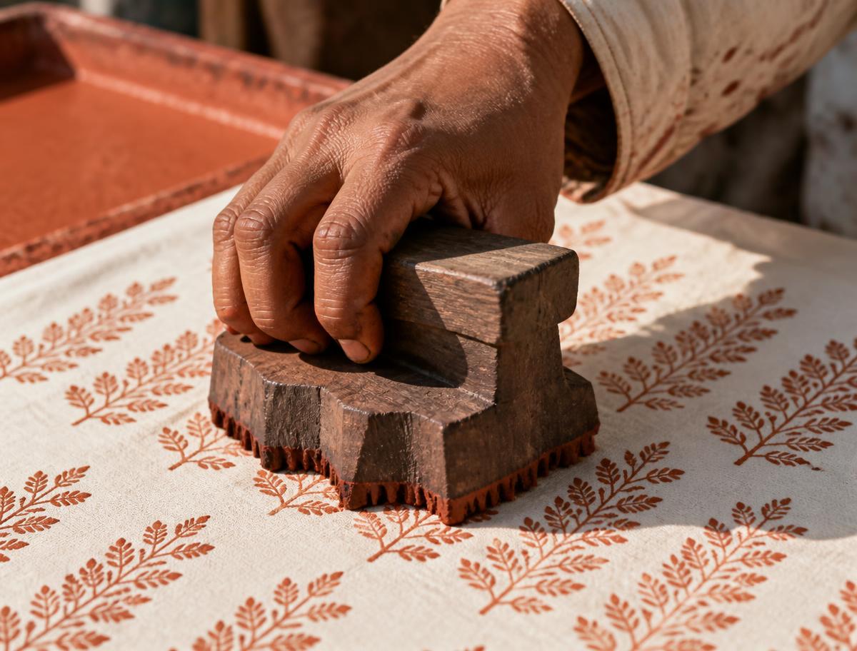 Artisan pressing a wooden block onto ivory cotton